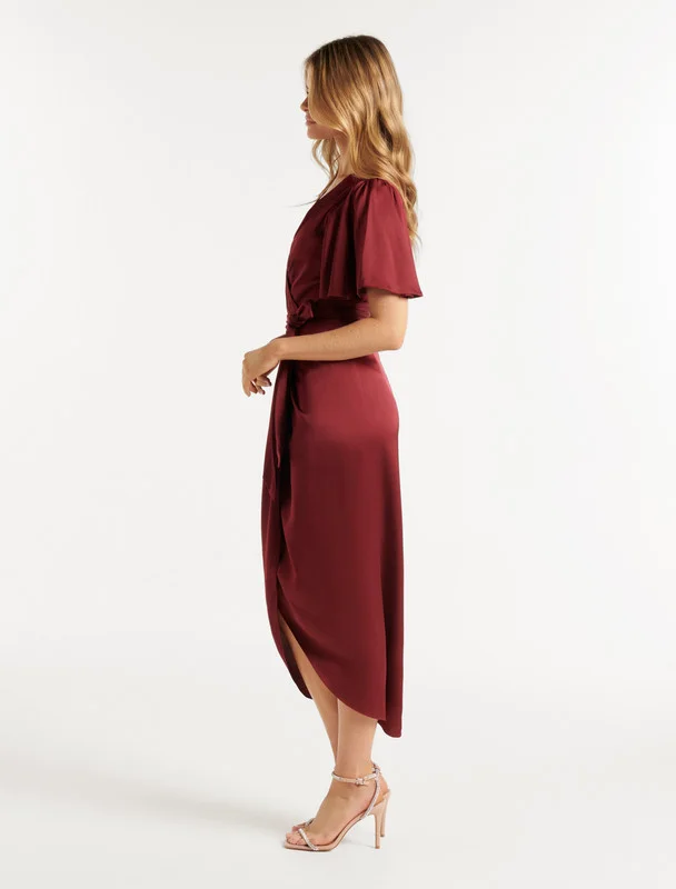 forever new  CAROLINA Satin Midi Wrap Dress for Women | Best Price UAE